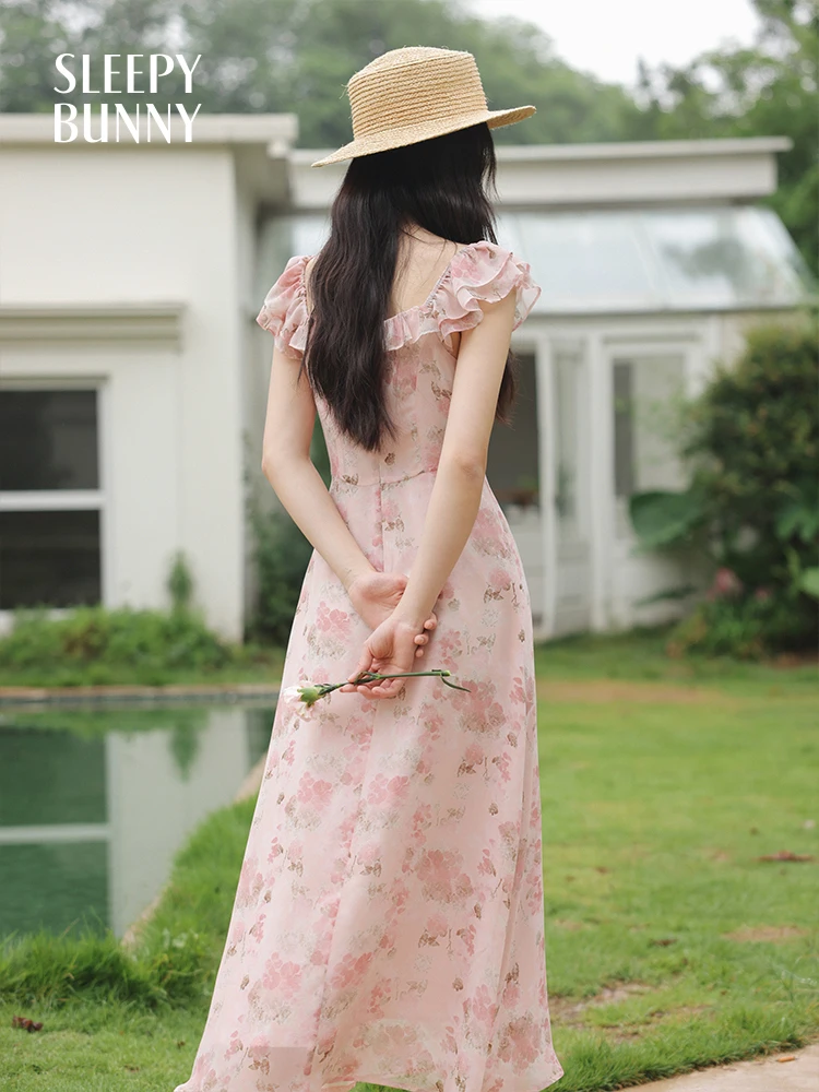 Vintage Floral Chiffon Maxi Dress Women Sweet Ruffle Sleeve Square Neck Summer Long Dress Elegant High Waist Slim Fit Sundress