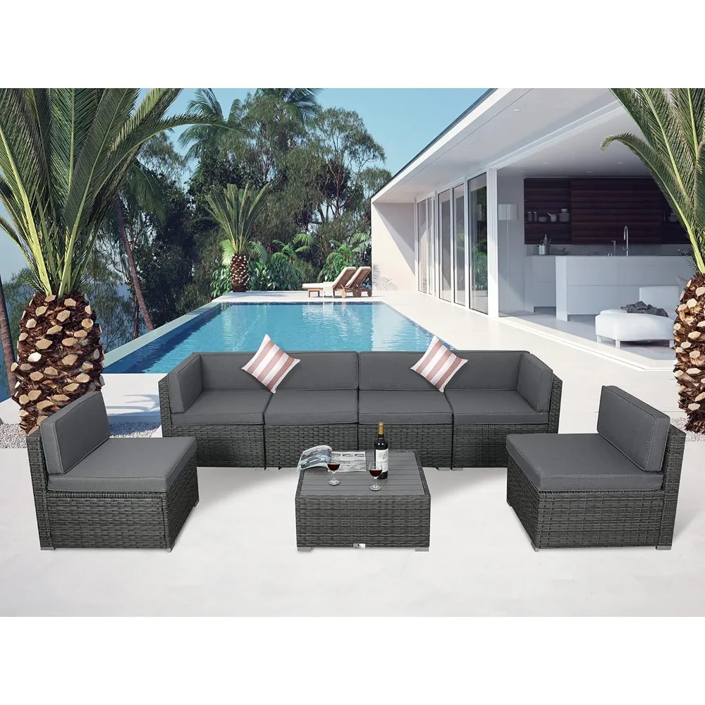 7 Piece Outdoor Patio Furniture Set with Cushions, Sectional L Shape Patio Conversation Sofa Set with Table, and Two Pillows