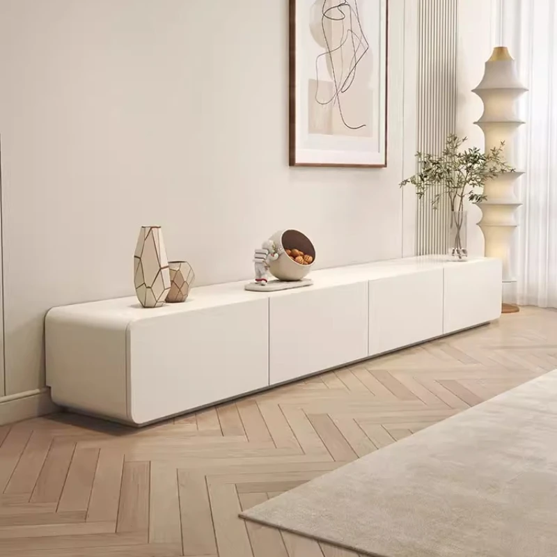 

Cream wind TV cabinet coffee table combination modern simple solid wood rounded corner living room household white floor
