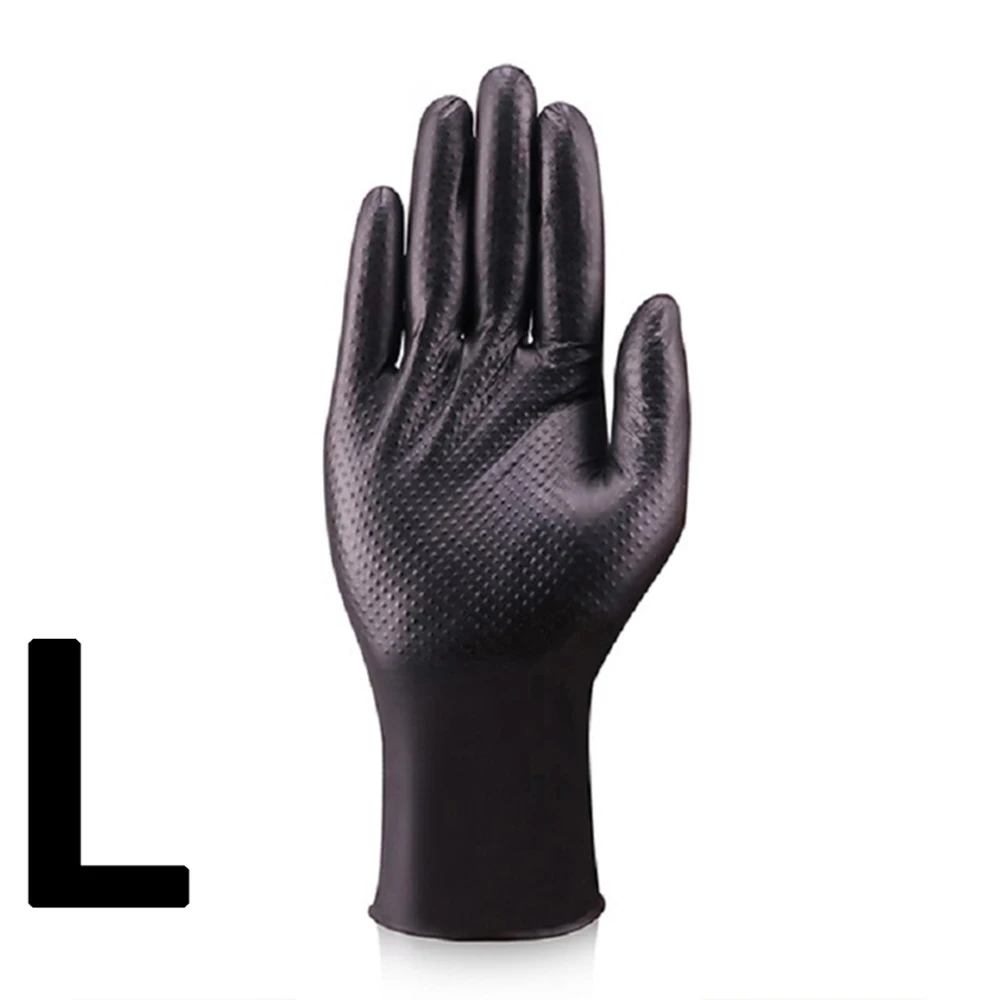 Dikke, zwarte/oranje nitril handschoenen, met een ruitpatroon, antislip en bestand tegen olie, geschikt voor mechanisch werk en autoreparaties.