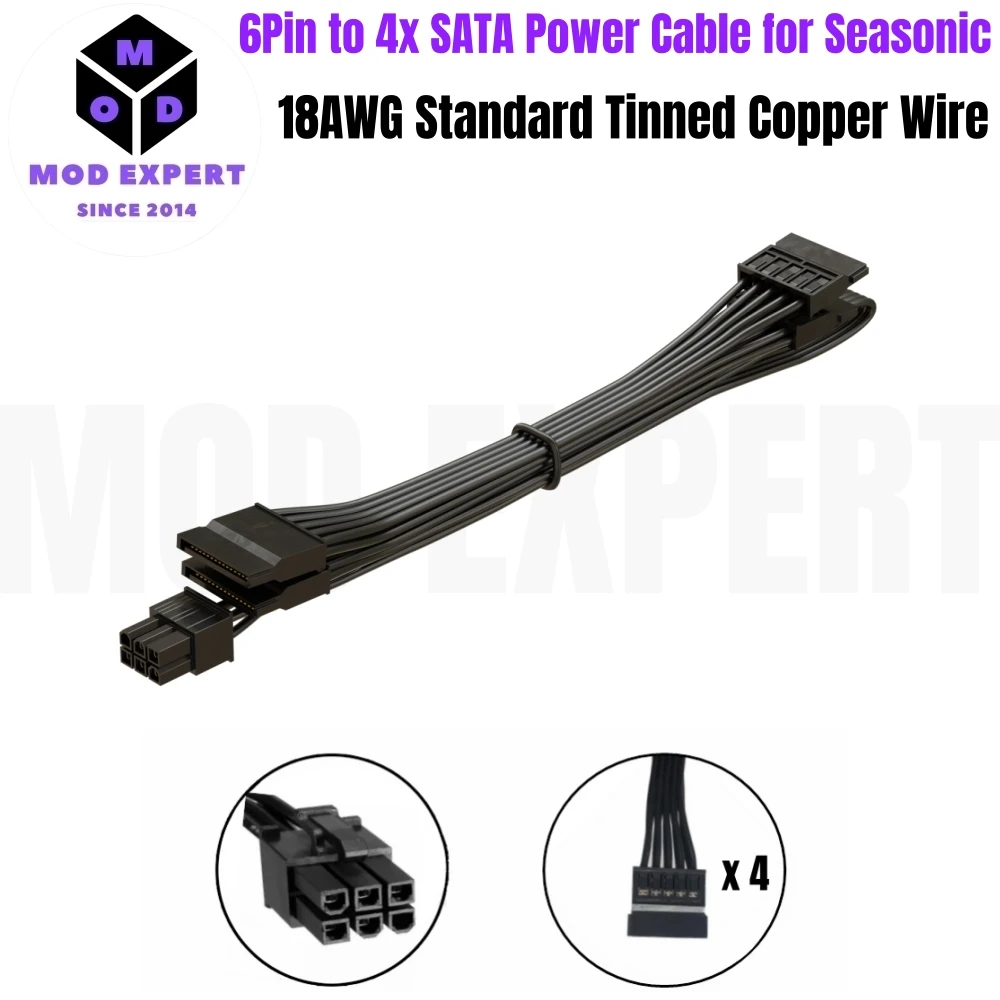 6Pin to 4x SATA Straight, HDD SSD Power Cable for Seasonic G-750, G-650, G-550, G-450, G-360 Series Modular Power, 50+15+15+15CM