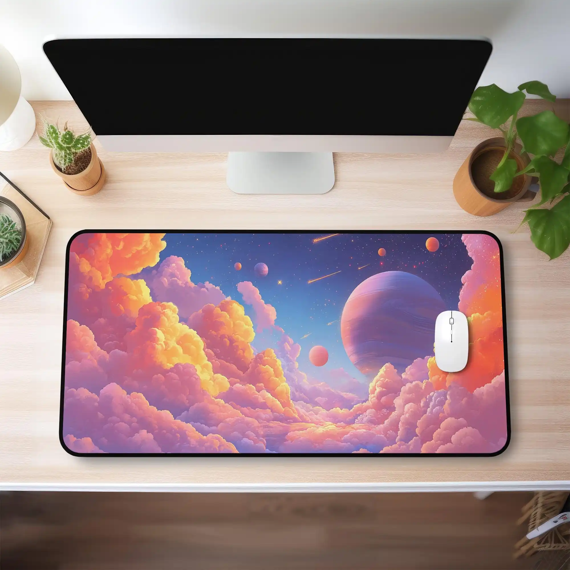 Planet Desk Mat, Pink Cloud Galaxy Mouse Pad,candy Sky and Space Art Pattern,vaporwave Style Desktop,perfect for Gaming and Work