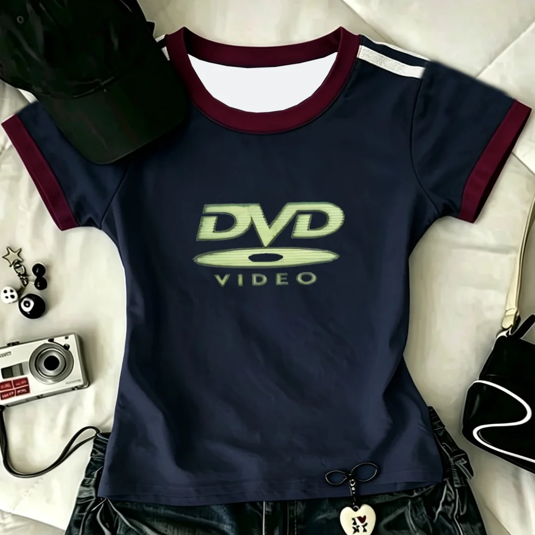 Y2K Retro DVD-Videokassetten-Muster Bedrucktes Neues Rundhals-Sommer-Damen-Freizeit-T-Shirt Kurzärmeliges Oberteil – Detail 4