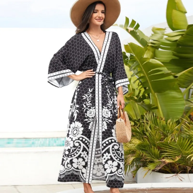 Women's Boho Beach Vacation Sunscreen Dress New Cardigan Kimono Loose Maxi Dresses For Women Swimsuit Outer Cover-up Robe Femme