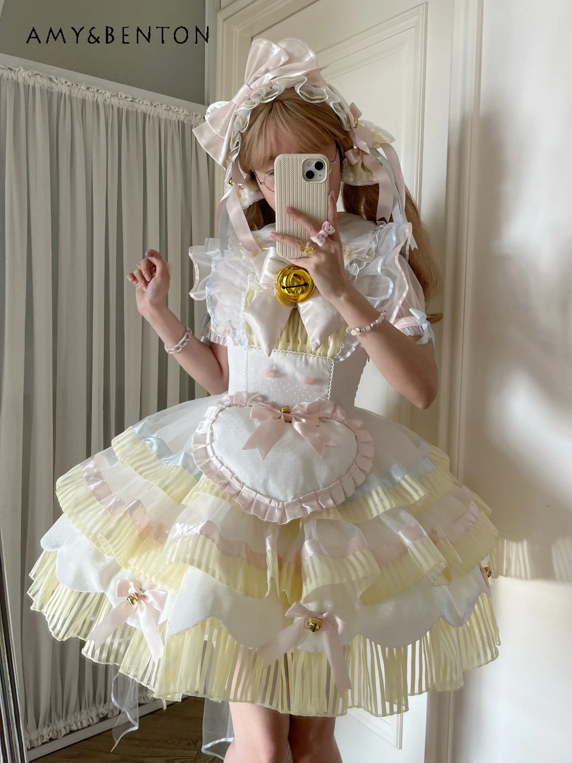 

Kawaii Maid Cat Cosplay Lolita Costume Outfits Sweet Cute Bow High Waist Slim JSK Puff Dress Short Sleeve Shirt Two-Piece Set