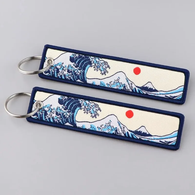 JDM Japanese Waves Art Drawing Embroidery Key Fobs Backpack Key Tags Motorcycles Keychain Keyrings Cosplay