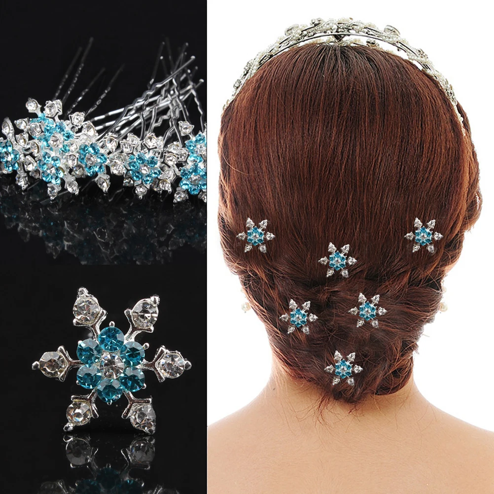 

6pcs U-Shaped Hair Pins Blue Rhinestone Snowflake Design Women Hair Clips For Bridal Party Durable Alloy Hairpin Styling Tool