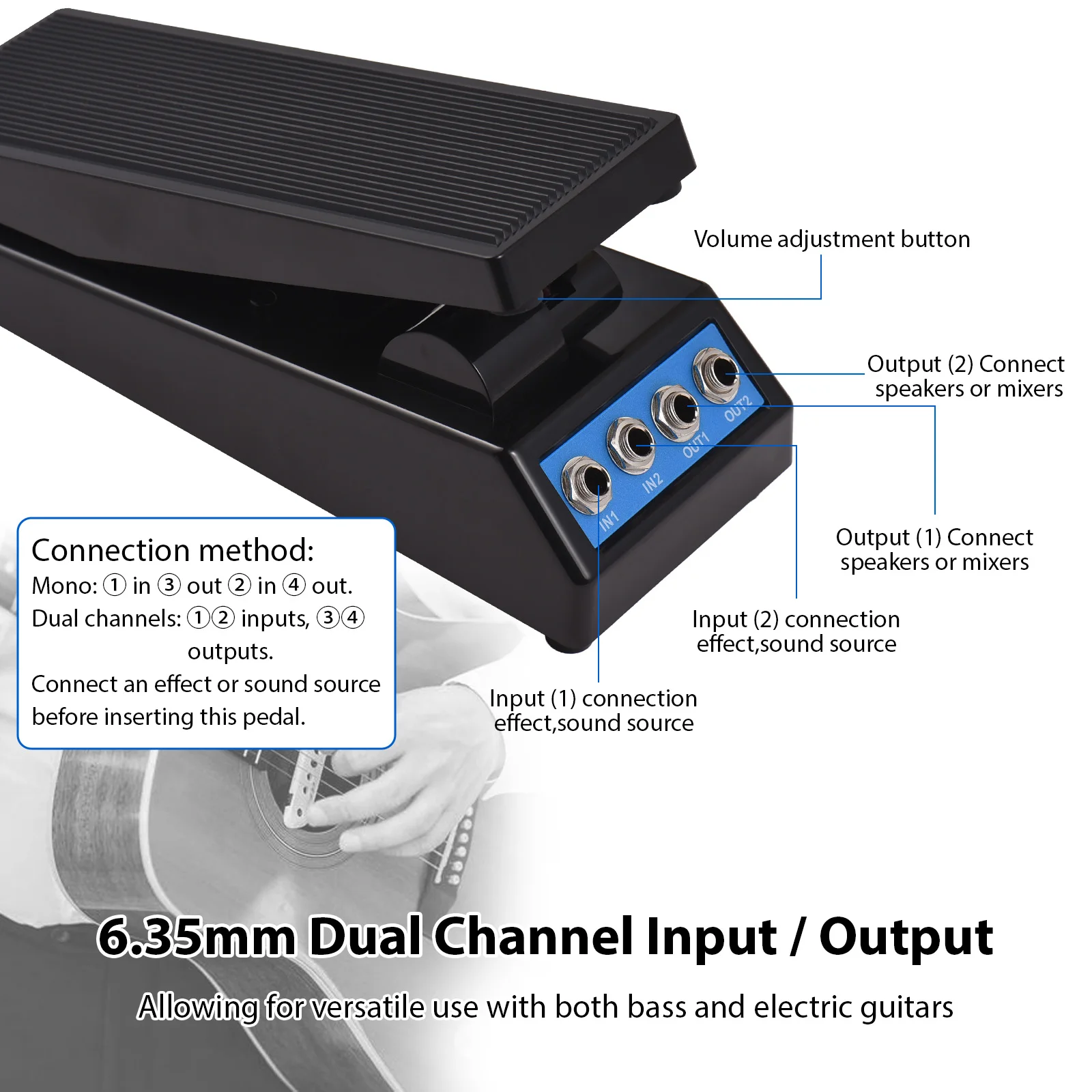 Guitar Pedal Professional Guitar Volume Pedal Volume Adjustment Mono/Dual Channel 6.35mm Input/Output Guitar Volume Pedal