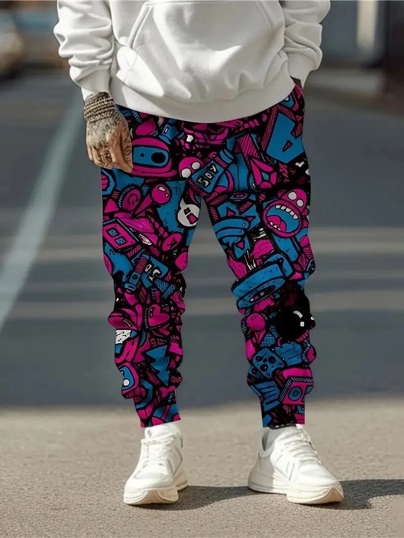 As novas calças masculinas para o outono de 2025 apresentam estampas de padrão de desenho animado 3D simples e elegantes de rua casual