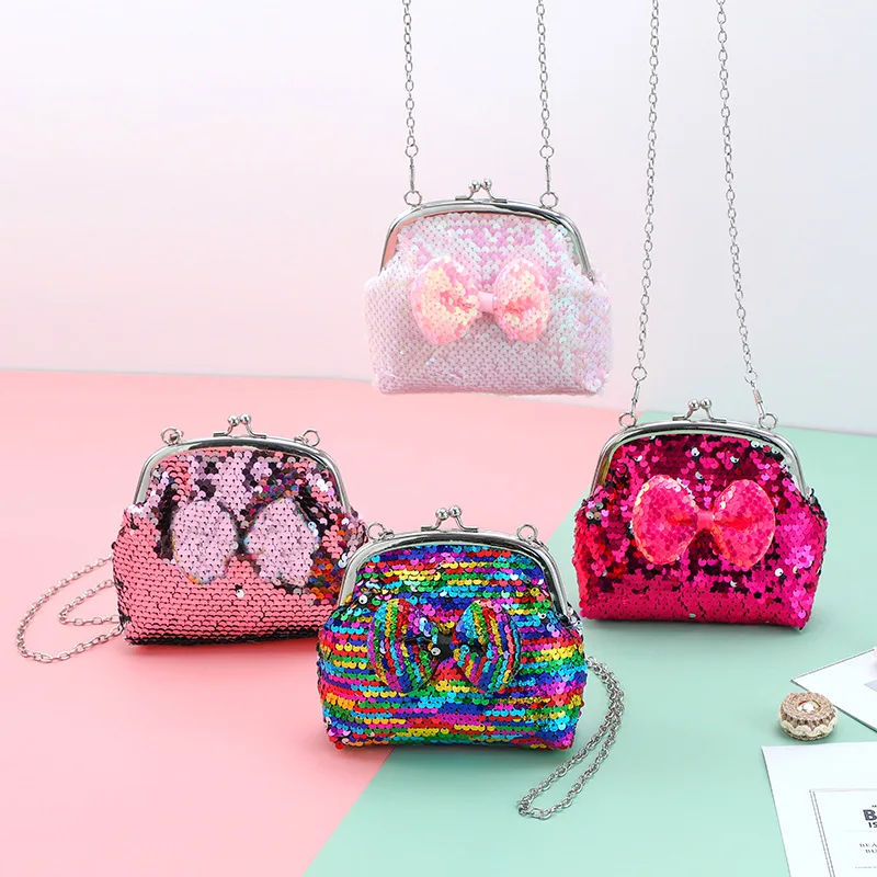 Niedliche Kinder-Umhängetasche mit Pailletten und Schleifendesign Mini-Geldbörse Kartenhalter Kinderschultertasche für den Täglichen Gebrauch und Partys HH17