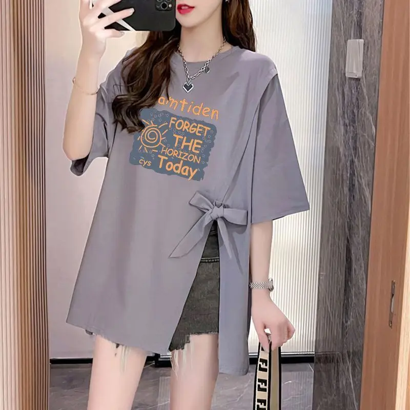 

Fashion O-Neck Printed Letter Slit Lace Up Bow T-Shirts Female Clothing 2024 Summer New Loose Casual Tops All-match Tee Shirt