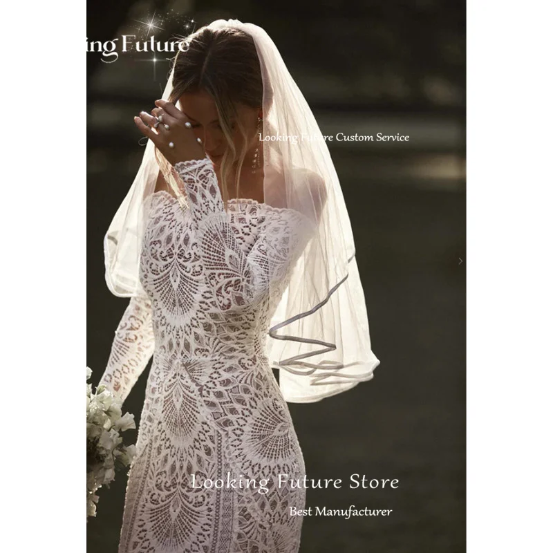 Exquisito vestido de novia de sirena blanca con bordado de encaje para mujer, vestido de novia Sexy de manga larga con hombros descubiertos y espalda descubierta personalizado 2025