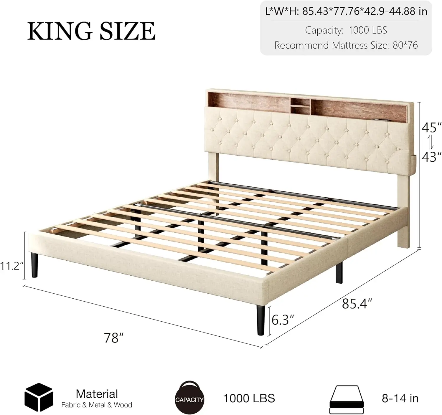 

King Size Bed Frame-Heavy Duty Wooden Platform Bed with Storage & Adjustable Headboard, Built in Charging Station, Noise-Free