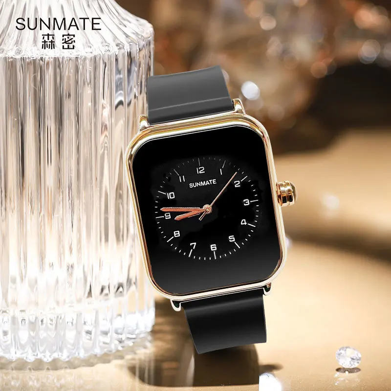 SUNMATE Nordic Style Rectangular Simple Fashion Women's Watch Japanese Quartz Movement Stylish Leather Strap with Free Watch Box