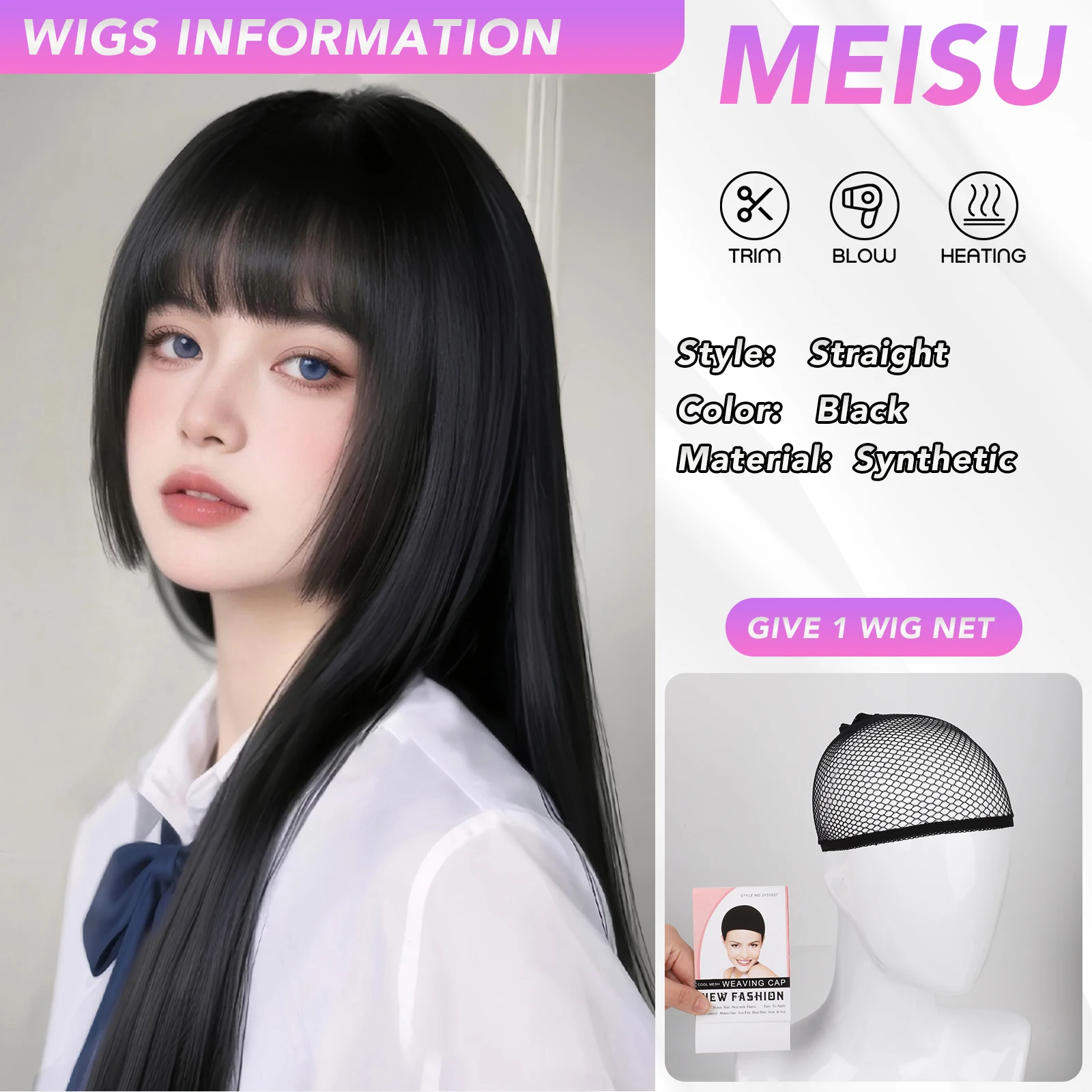 MEISU 26 Inch Long Straight Synthetic Wig Princess Cuts Bangs Layered Black Heat-Resistant Natural Smooth Hair Stylish Party