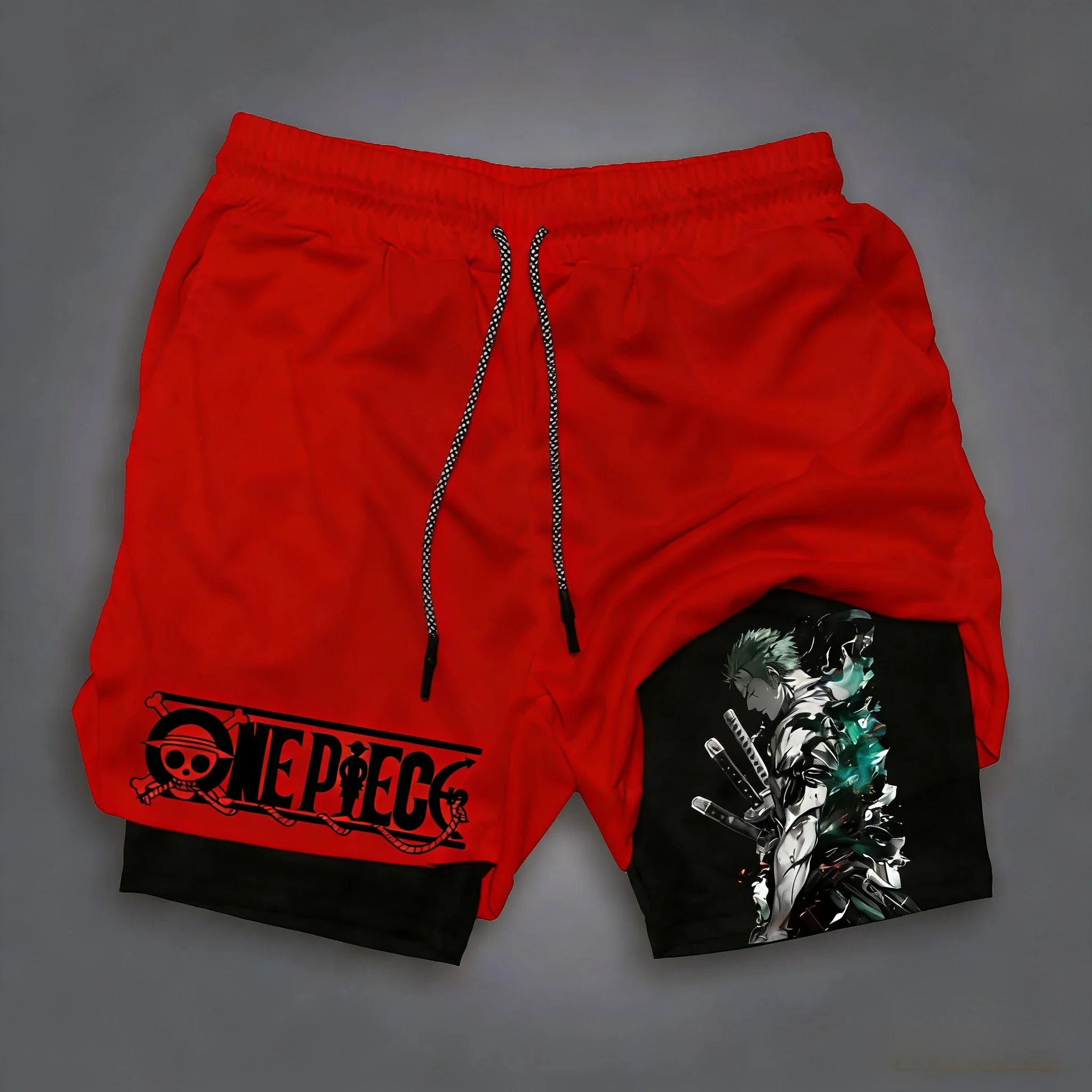 ONE PIECE Doppellagige Sportshorts Sommer Unisex Neu Anime Roronoa Zoro Print Y2K Schnell trocknende, atmungsaktive 2-in-1-Shorts