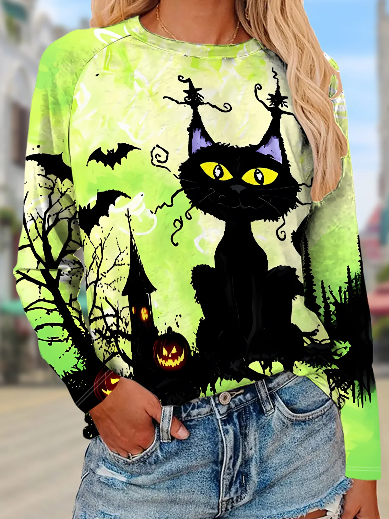 Women Long Sleeve Top Halloween Black Cat Bat Pumpkin Print Crew Neck Autumn Festival Gift Casual Daily Wear Women's Clothes