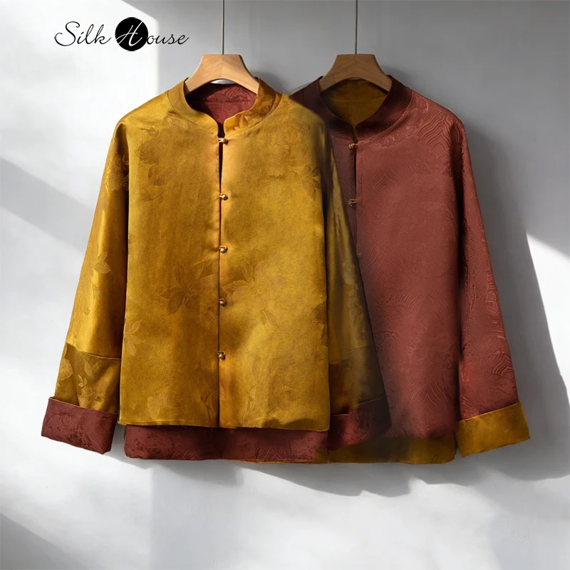 

Women's Spring Clothing Double-sided 100% Natural Silk Jacquard Heavy Satin Chinese Style Standing Collar Long Sleeved Cardigan