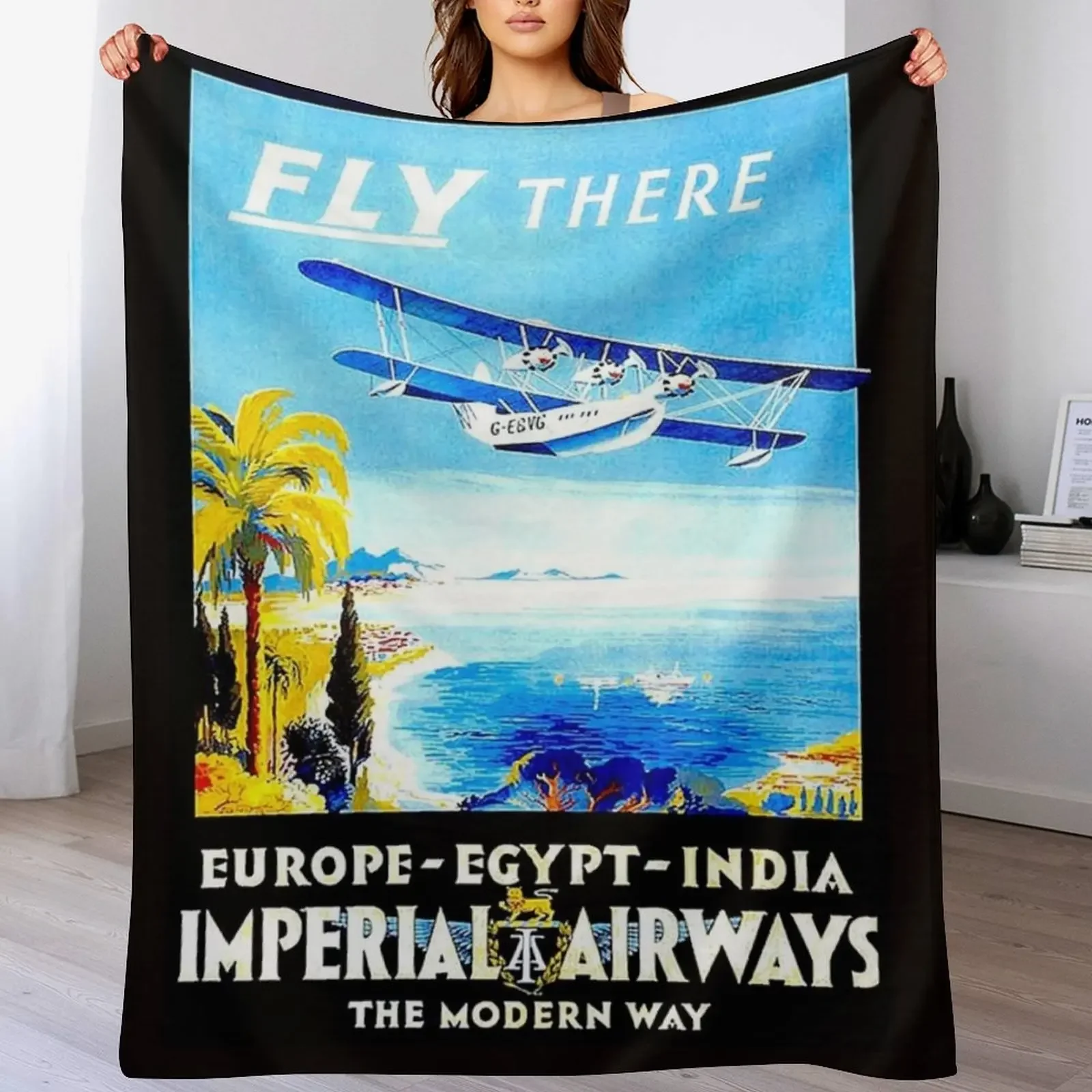 

IMPERIAL AIRWAYS : Vintage Fly to Europe Egypt and India Advertising Print Throw Blanket Birthday gift for mom