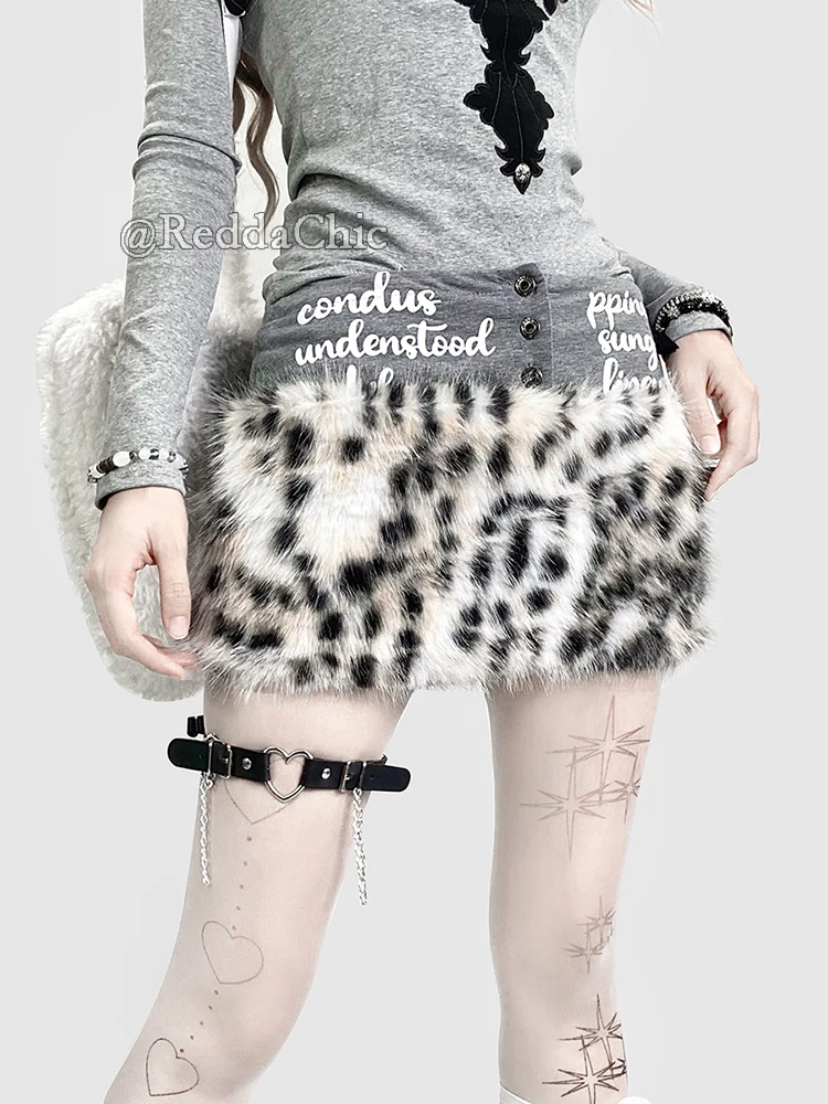 REDDACHiC Y2k Grayu Leopard Plush Buttoned Skirt Women Retro Stitch Faux Fur Graphic Low Waist Bodycon Skirt Fall Winter Bottoms