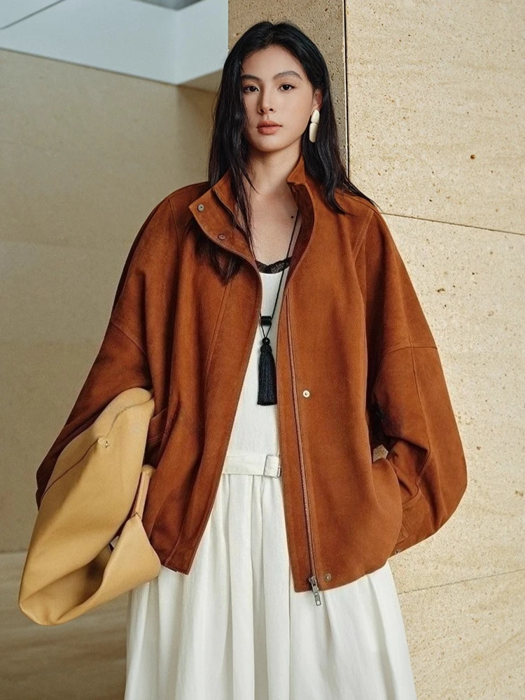 

Vintage Genuine Leather Jackets for Women Autumn Winter 2026 New High-end Simple Stand Collar Loose Casual Real Sheepskin Coat