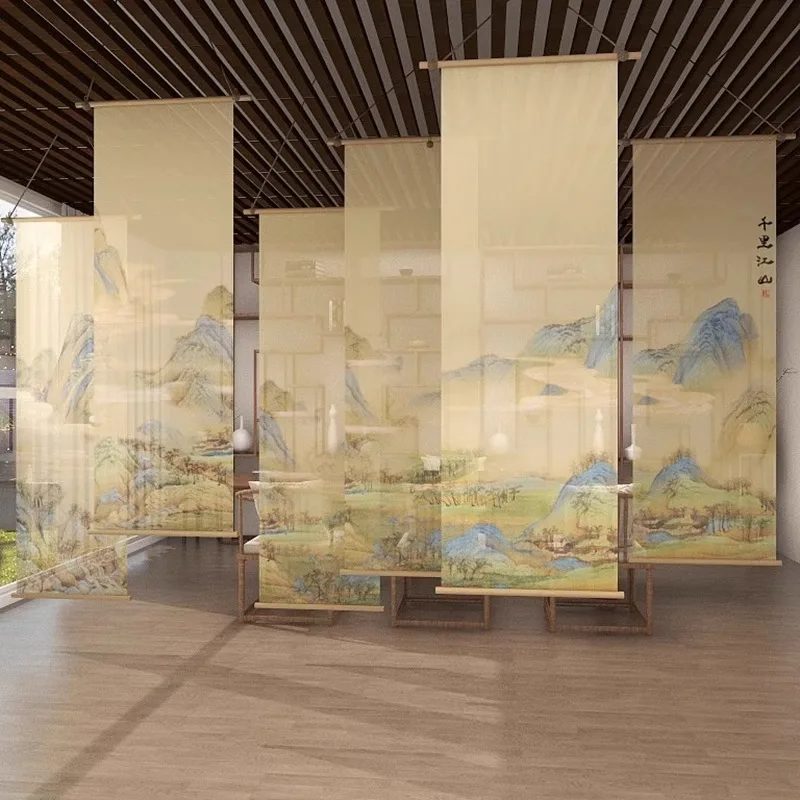 

Ink Painting Sheer Voile Tapestry,Semi-Transparent Canopy Drape for Tea Room Ceiling, Home & Garden Background Curtains Decor