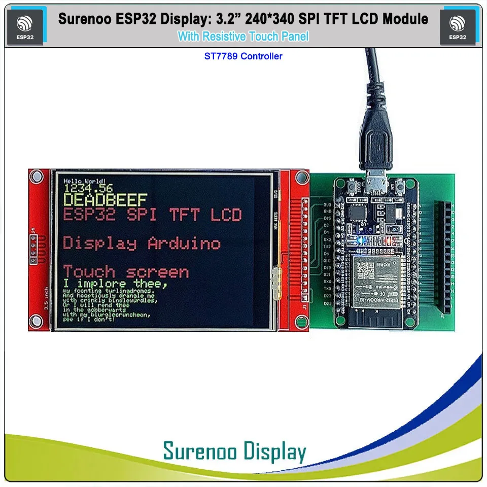 Surenoo ESP32 3,2 pulgadas 240*320 Serial SPI TFT LCD módulo Panel pantalla táctil resistiva RTP para Arduino