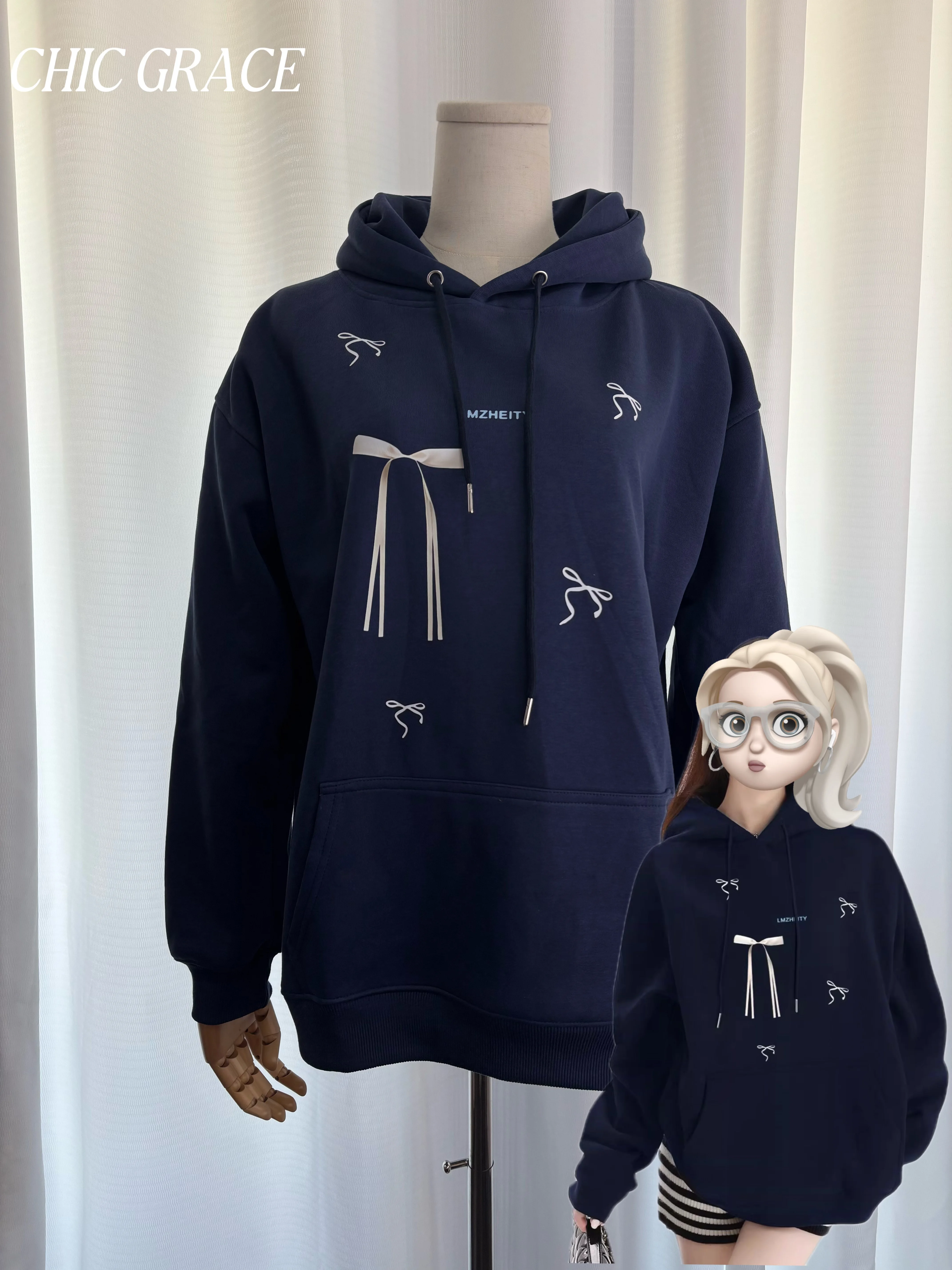 

Real shot American Style Hooded Long Sleeve Sweatshirt Women, Autumn Winter New Fleece Lined Thickened Top with Bow Detail, Casu