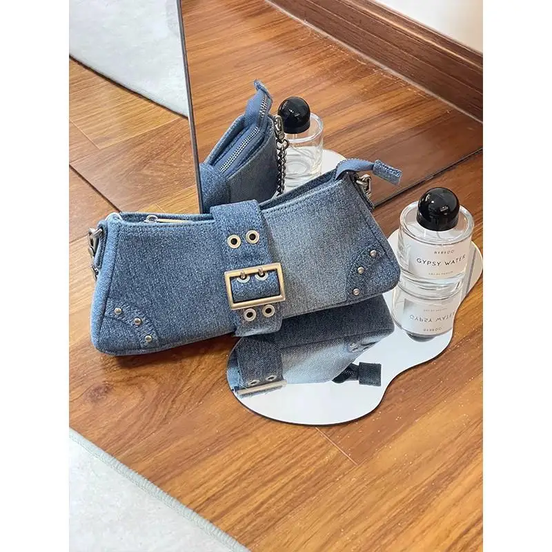 Women Denim Bag 2024 Casual Large Capacity Shoulder Bag Vintage Solid Color Messenger Bag New Zipper Commute Bag