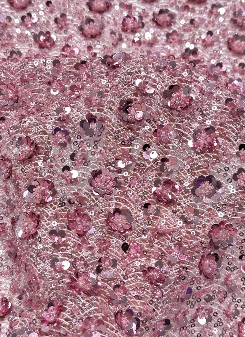 

5 Yards Luxury Elegant Handmade Beads Embroidery French Tulle Lace Fabric For Party Nigerian Sequines Lace Fabric Wedding