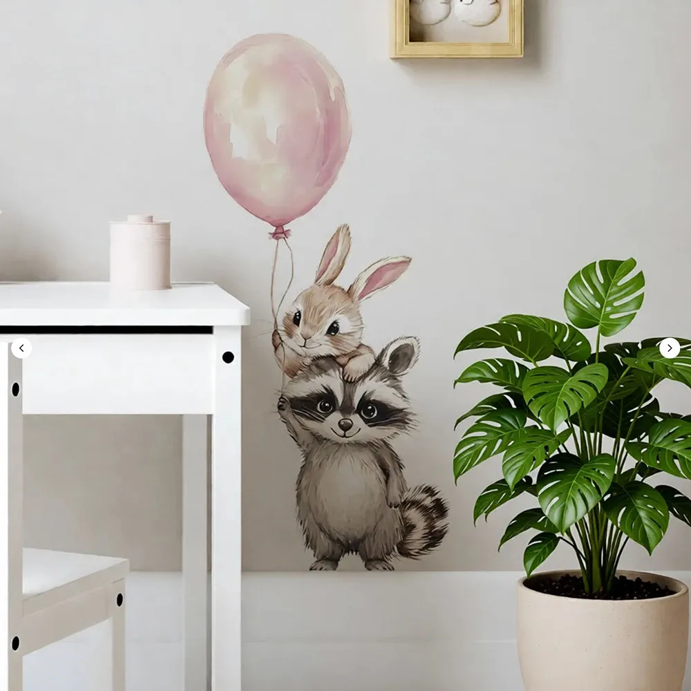 Pegatinas de pared de PVC extraíbles con globo, conejo mapache creativo, decorar y embellecer la habitación, pegatinas para el salón