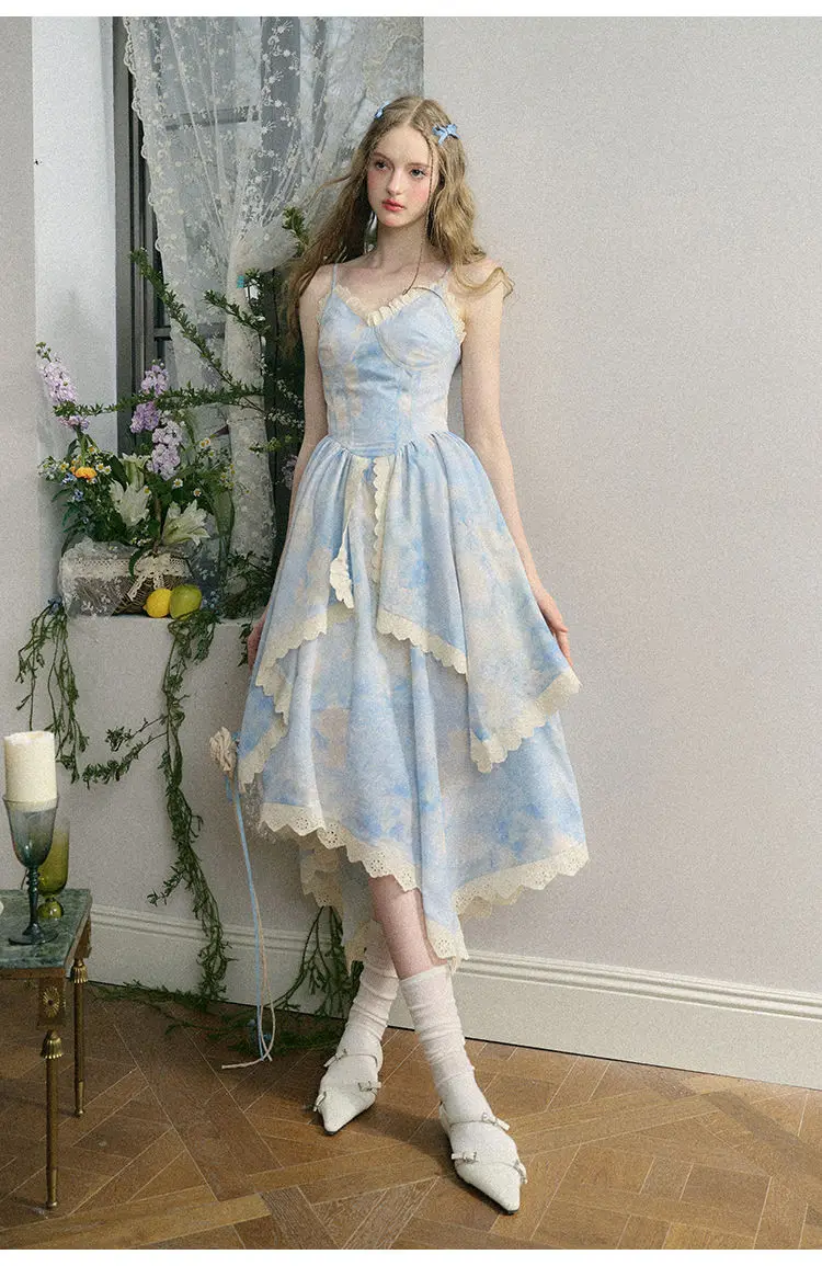 Strap Dress Irregular Floral Blue French Waist Plus Size 2024 Summer New Gentle New Sweet Holiday Dress