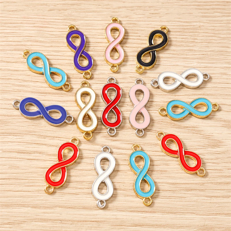 10 Uds. De conectores de dijes con símbolo infinito de esmalte colorido bonito de 10x27mm para hacer joyería, collares, pulseras, suministros para manualidades DIY