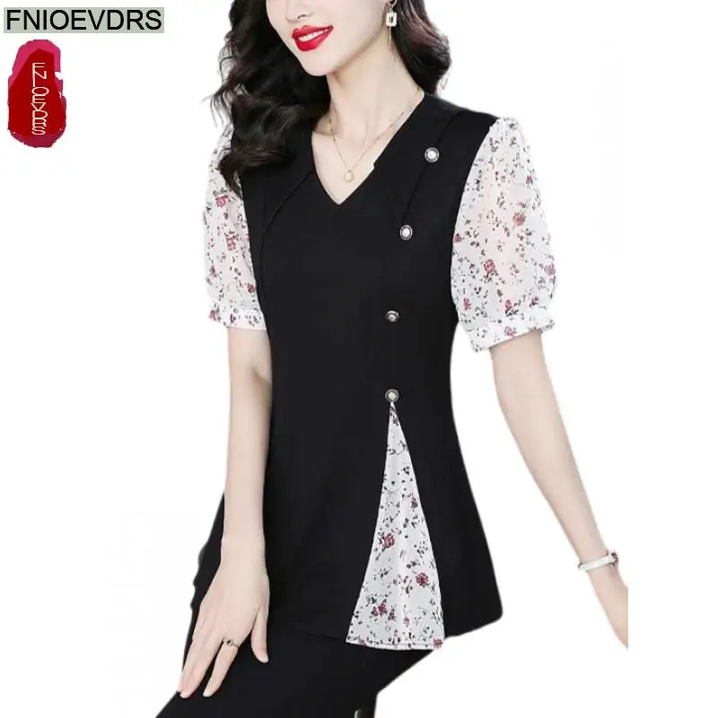 Retro Vintage Bloemenprint Tops 2025 Zomer Nieuw Ontwerp Vrouwen Office Lady V-hals Zwarte Knop Patchwork Basic Shirts Blouses