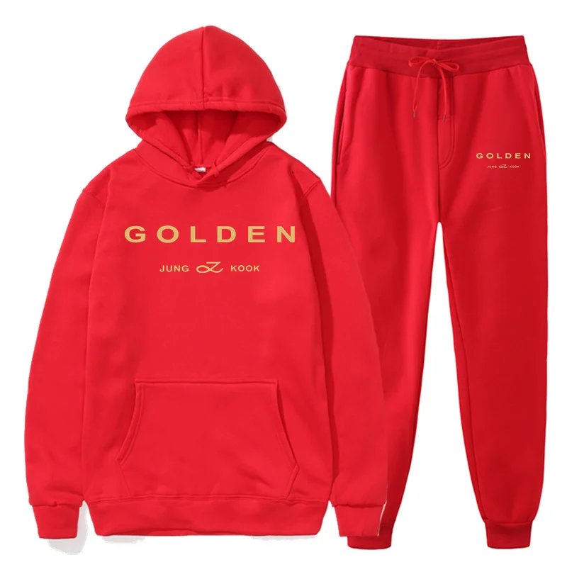 2024New Jungkook Kpop Mens Tracksuit Sports Hoodies Set Golden Album Merch Hooded Sweatshirts and Elastic Sweatpants Fashion Set