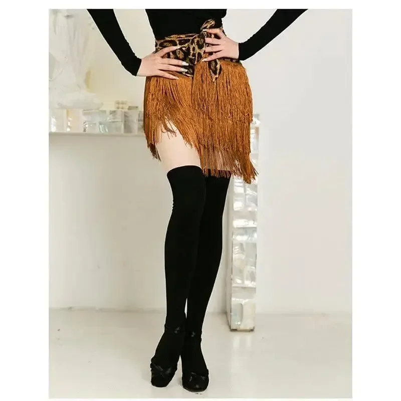 Spódnica do tańca latynoamerykańskiego Leopard Print dla kobiet Glitter Twinkle Fringe Wrap Skirt for Satge Performance Ballroom Costume Rave Party