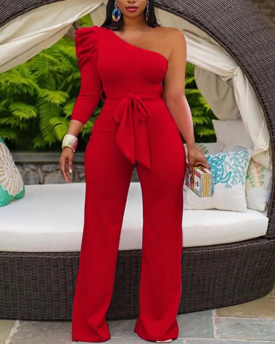 

One Shoulder Wide Leg Jumpsuit Women Bodycon Rompers Solid Sexy High Waist Jumpsuit Vestidos Partyclub Overalls 2024 Summer