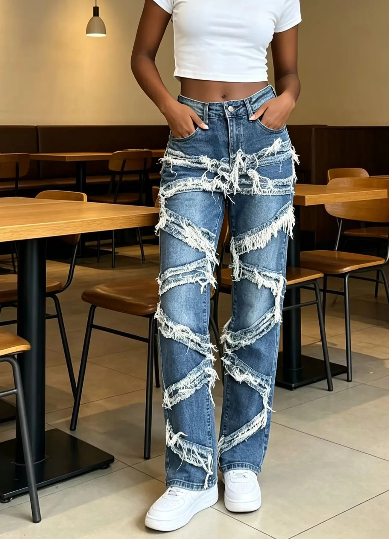 Women's Spring Autumn Light Blue American Raw Hem Tassel Denim Pants High Waist Spliced Straight Leg Pants Unique Slim Hide Hip Versatile