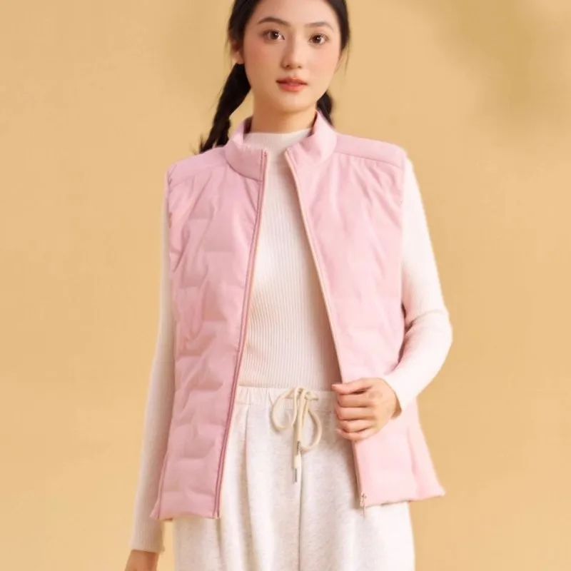 

White Duck Down Vest Shimmer Texture Side Elastic Knit Fabric Patchwork Water & Stain Resistant Material Lightweight Outerwear