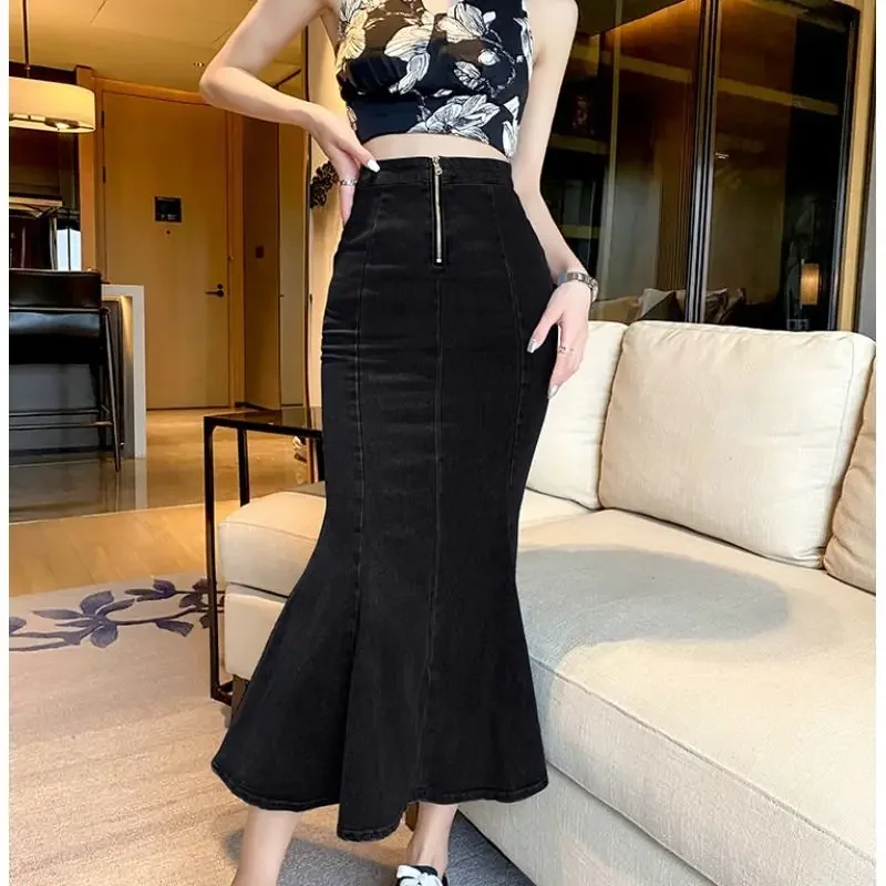 Woman Denim Skirt High Waist Zipper Gyaru Midi Jeans Skirts For Women Black Korean Style Offer Premium Fashion Cheap V On