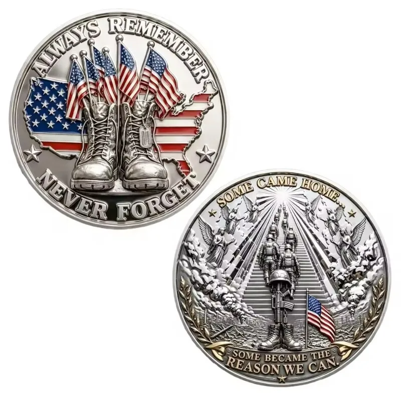 Patriotic US Veteran Silvery Plated Challenge Coin Always Remember Soldier Boots Angel Commemorative Token 40mm Round Shape