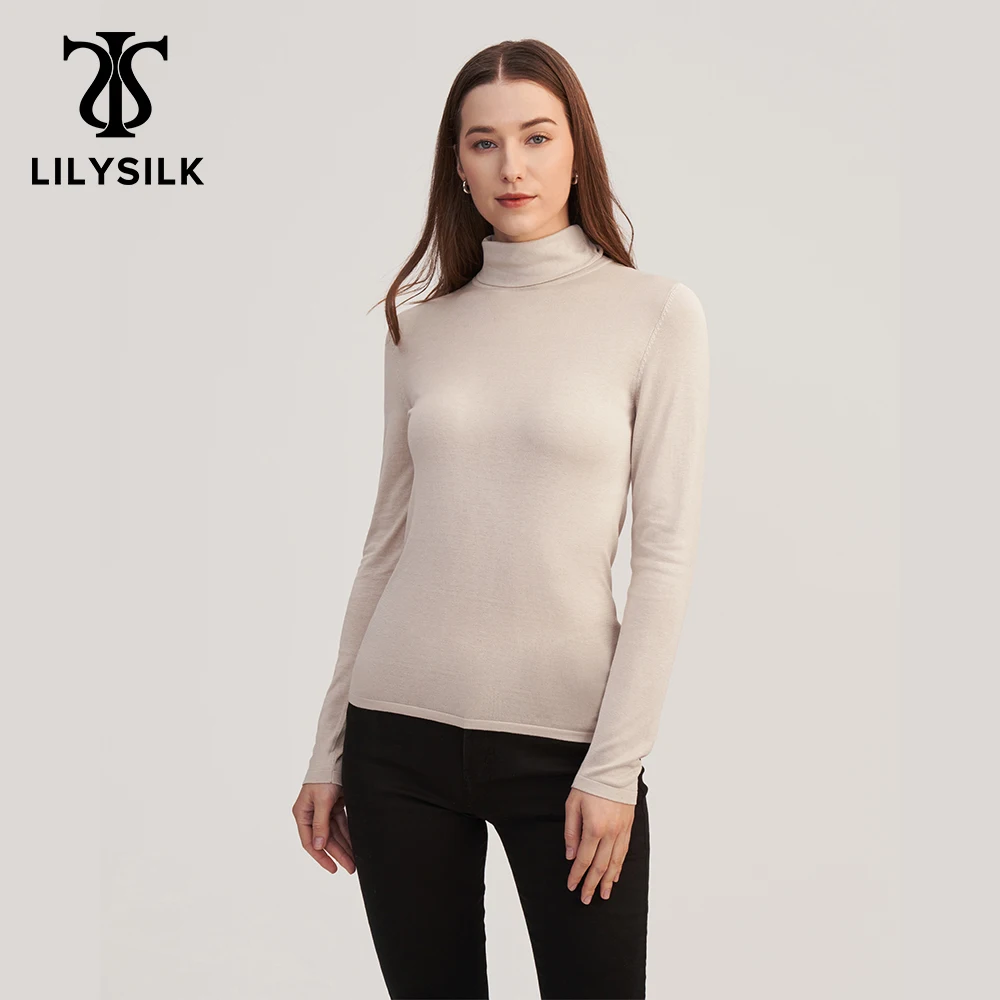 LILYSILK Women Silk Knitted Tee 2022 Femme Plain Turtle Neck Long Sleeve Top Ladies New Fashion Blouse Free Shipping