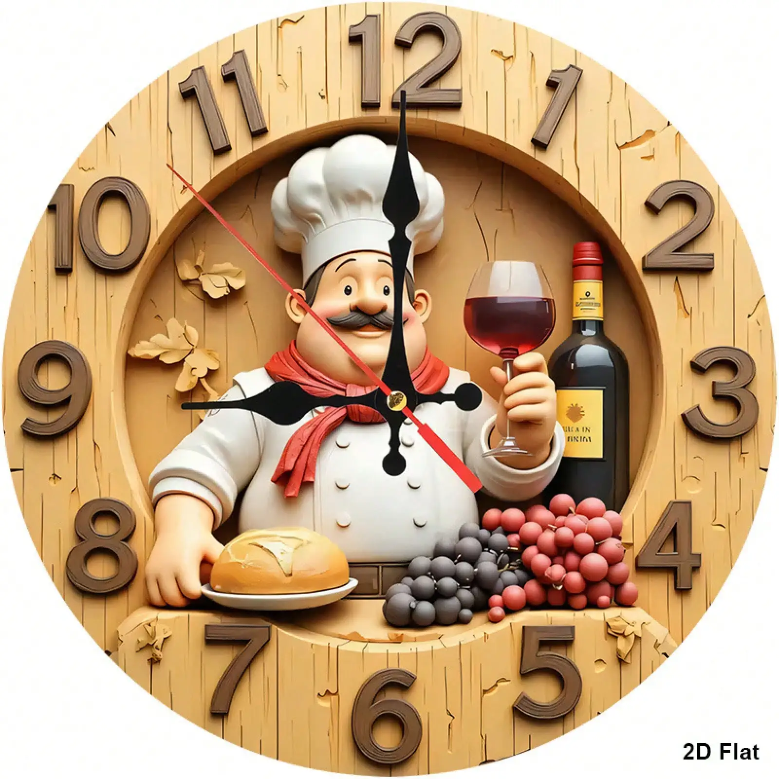 1 Piece Chef-Themed Kitchen Wall Clock - Silent, Non-Ticking, Large Easy-To-Read Numbers, Wooden Frame With Cute Chef And Kitchen Utensil Designs - Suitable For Baby Rooms, Bedrooms, Kitchens - Requires AA Batteries (Not Included) 10/12inch