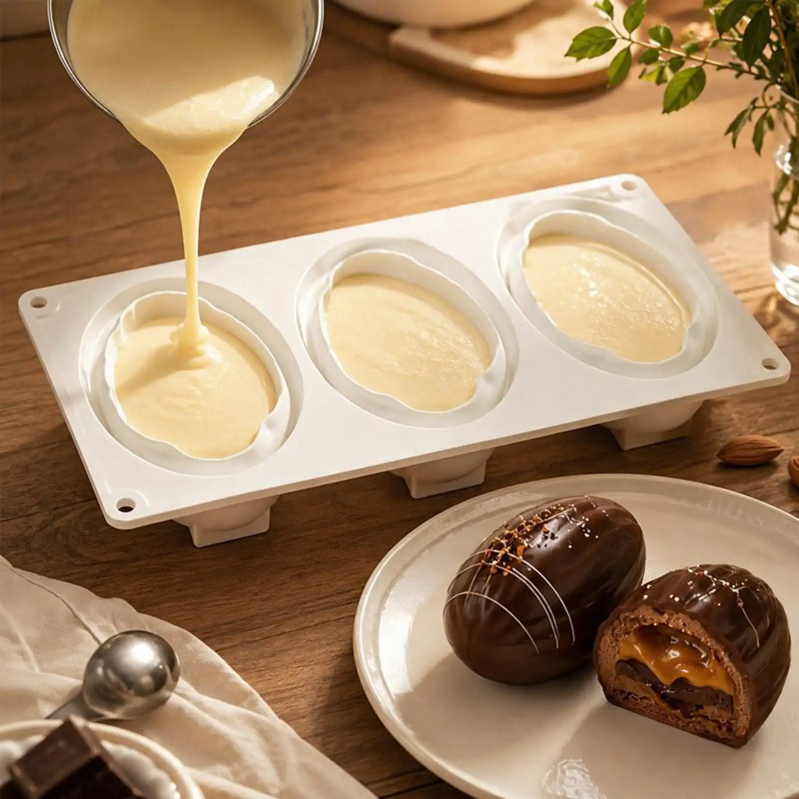 3-Cavity Silicone Almond Cake Mold Reusable Non-Stick Baking Mould Multipurpose Dessert Chocolate Candy Maker for Oven Freezer