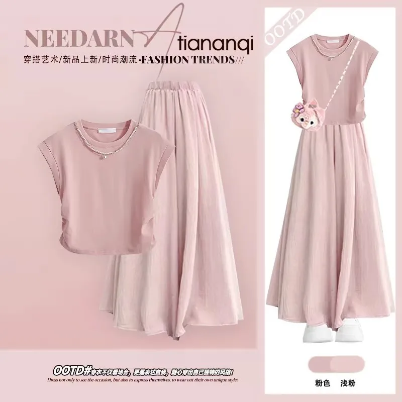 

Summer Temperament Set Korean Style Small Fly Sleeve T-shirt+pink Slimming Casual Wide Leg Pants Two-piece Set