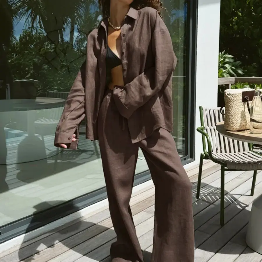 Lässige Revers-Hemd-Hosen-Anzüge, modische einreihige Blusen, elastische Taillenhosen, 2026 Frühlings-Sets, 2-teilige lockere Outfits für Damen