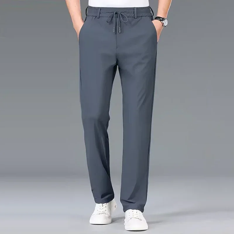 

Men Elastic Waist Pants Male Casual Stretch Classic Brand Business Straight Leg Clothing Trousers Solid Color Comfortable Pants