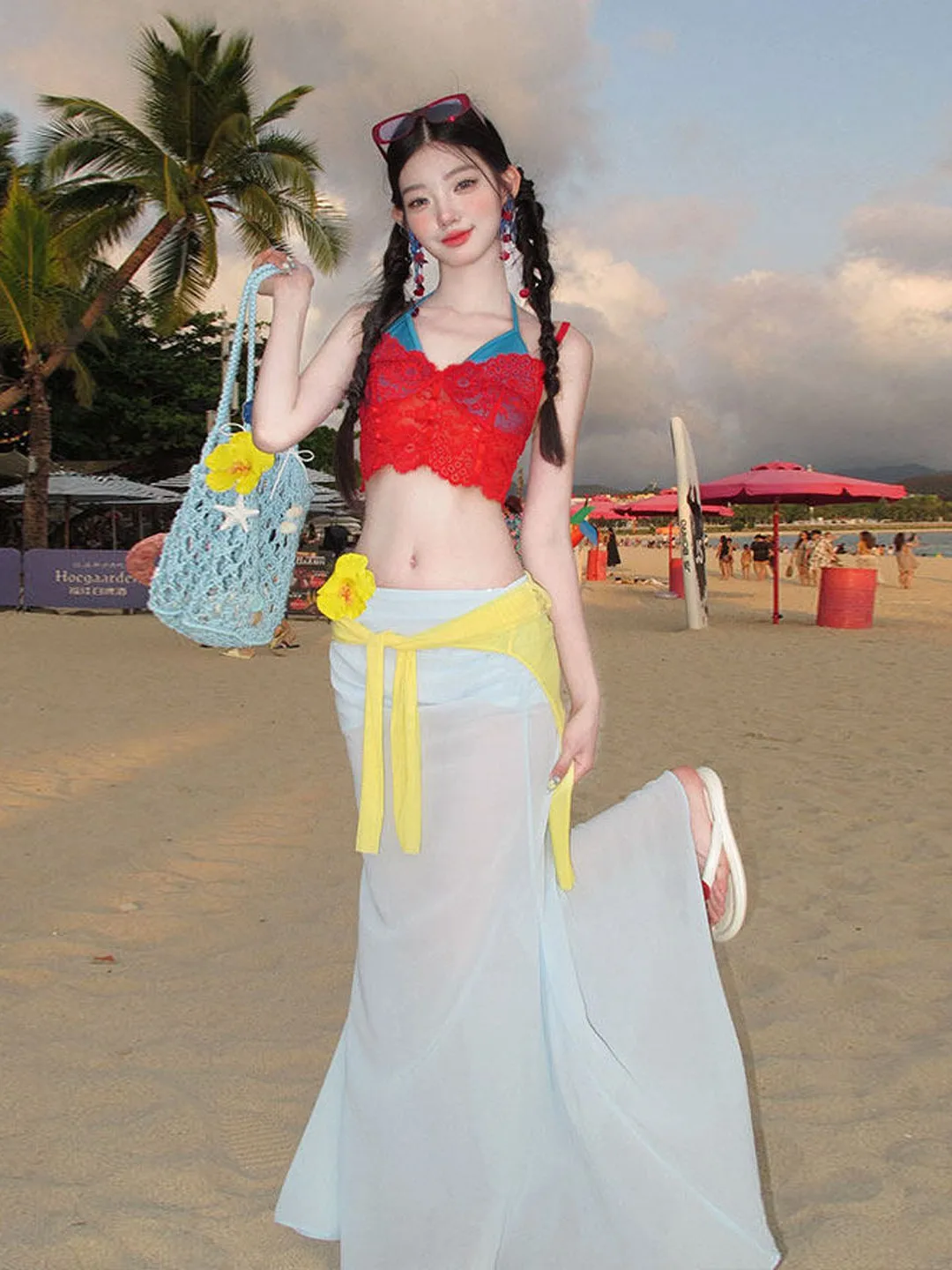 

Летний комплект из двух предметов: топ и пляжная юбка-сетка с высокой талией для женщин, полиэстер