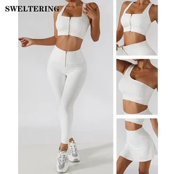 2PC Yoga Set allenamento donna Sport abbigliamento da palestra abito da Yoga Leggings a vita alta gonne reggiseno con cerniera anteriore Fitness Crop Top Yoga abbigliamento sportivo