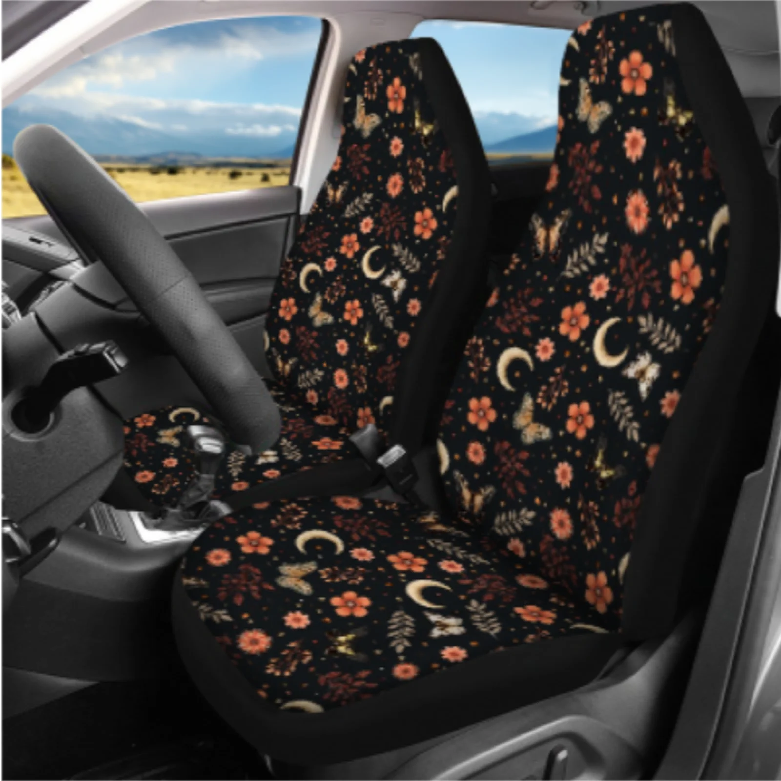 Coloranimal Butterfly Flowers 14 Pcs Auto Seat Cover Sets with Soft Car Armrest Cover and Key Fob for Car Interior